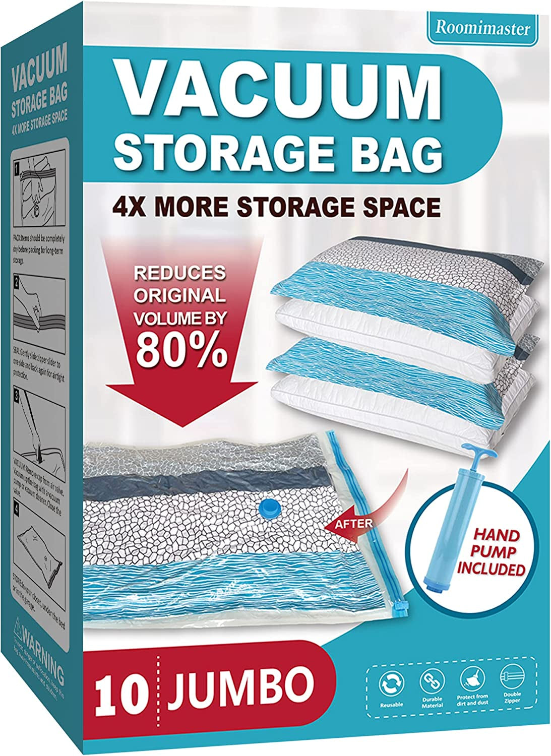 Vacuum Storage Bags, 10 Jumbo Space Saver Bags Vacuum Seal Bags with Pump, Space Bags, Vacuum Sealer Bags for Clothes, Comforters, Blankets, Bedding