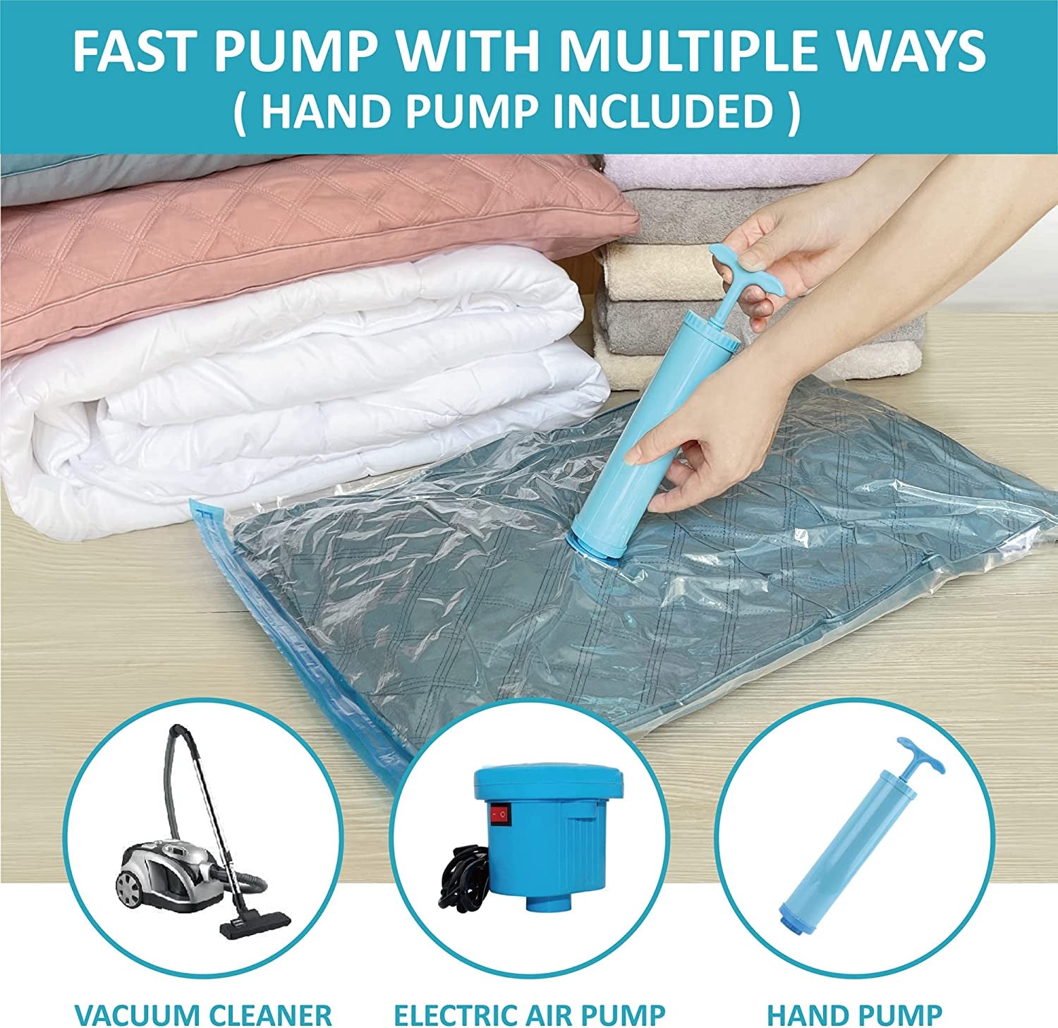 Vacuum Storage Bags, 10 Jumbo Space Saver Bags Vacuum Seal Bags with Pump, Space Bags, Vacuum Sealer Bags for Clothes, Comforters, Blankets, Bedding